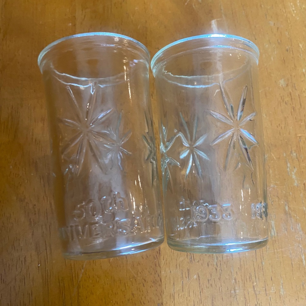 Vintage 50th Anniversary Juice Glasses Set 2 Clear 1933-1983 Excellent Starburst